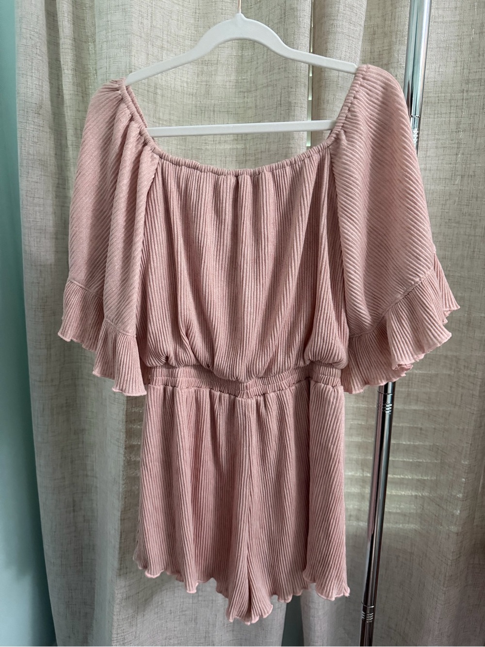 Free the Roses Textured Knit Pink Ribbed Off-Shoulder Romper - Picture 2 of 4